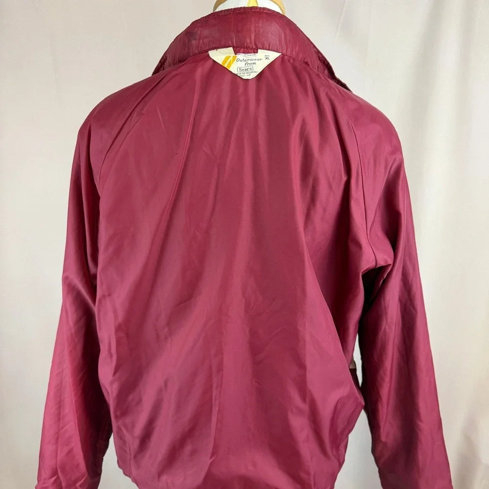 Vintage SEARS Mens L Jacket‎ Burgundy Windbreaker Hood Ripstop Dad Norm Gorp 80s